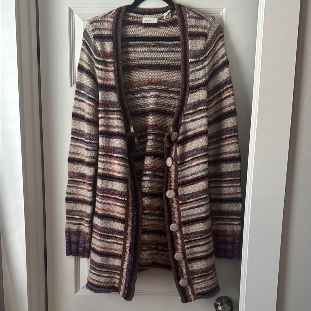 Brown Striped Cardigan Sweater with Open Front